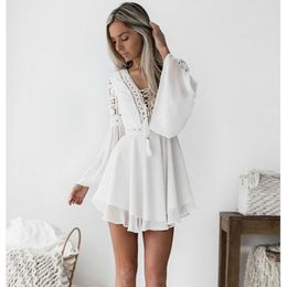 Bohemian Mini Dress Women Sexy V Neck Hollow Out Casual Women Dress Long Sleeve Women Summer 2021 White Dresses 210316