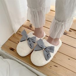 Womens Winter Home Slippers With Bow Indoor Shoes Faux Fur Furry Slippers For Girls Soft Hairy Slides Bedroom Slipper Shoes Y1120
