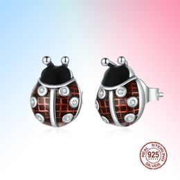 2021 Little Ladybug Stud Earrings for Girl Enamel Asymmetry Hypoallergenic Ear Kids 925 Sterling Silver Bijoux