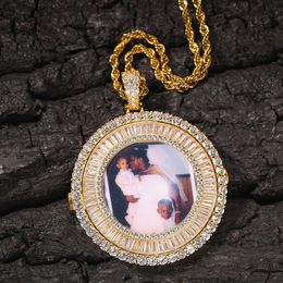 Customize Round Memorial Photo Pendant Necklace with Bling Diamond Stone Zircon Men Women Lover Gift Couple Pendants