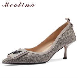 Meotina High Heels Natural Genuine Leather Women Pumps Pointed Toe Thin Heel Shoes Metal Decoration Ladies Footwear Grey Size 40 210608