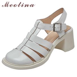 Meotina Gladiator Sandals Women Shoes Genuine Leather Sandals High Heel T-Strap Shoes Thick Heel Buckle Lady Footwear Summer 41 210608