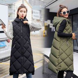 Women's Sleeveless Vest Long Down jacket Solid Korea Hooded Padded Woman Vests Loose Fashion Casual Winter Coat For Women 210915