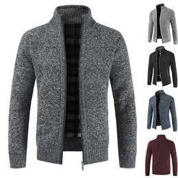 windbreaker sweater UK - Men Thick Warm Slim Cardigan Coat Autumn Winter Windbreaker Vest Solid Color Knitted Sweater with Pockets Plush Liner Full Zip Y0907