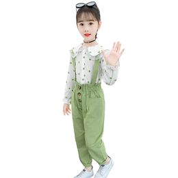 Girls Clothes Set Lace Bloues + Jumpsuit For Dot Pattern Kids Casual Style Children's School 210527