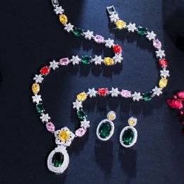 CWWZircons Elegant Engagement Wedding Jewellery Shiny Colorful Flower CZ Bridal Jewelry Set for Women Necklace and Earrings T570 H1022