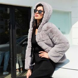 Fashion High Quality Furry Faux Fur Coats and Women with Hooded Winter Elegant Thick Warm Outerwear Fake Fur Jacket 211019