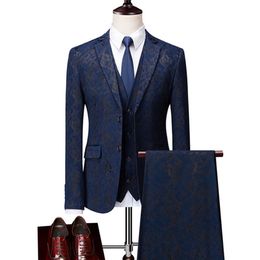 Male Prom Wedding Tuxedo Fashion Print Groom Dress Blazers Coat Trousers Waistcoat Men 3Pcs Set Slim Fit Suit Jacket Pants Vest X0909