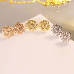 Europe America Fashion Style Earring Lady Womens Gold/Silver/Rose-color Metal Engraved V Initials Full Diamond Sun Flower Stud Earrings