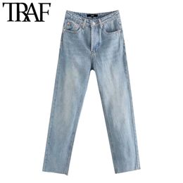 TRAF Women Chic Fashion High Waist Straight Jeans Vintage Buttons Fly Pockets Denim Pants Female Ankle Trousers Jean 201109