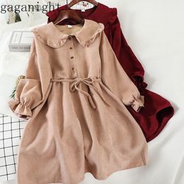 Gaganight Women Autumn Winter Mini Dress New Fashion Vintage Long Sleeves Sashes Button Ladies Dresses Korean Chic Vestido Retro 201028