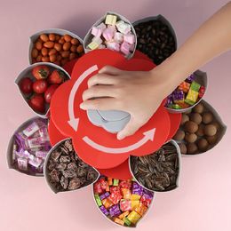 Rotating Flower Petal Fruit Plate Creative Candy Storage Boxes Plastic Lazy Snack Nuts Dish New Year Party Wedding Food Tray 210309