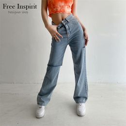 Spring Women's Loose Straight Jeans Casual Style Washed Thin Denim Full Length Blue With Holes 210708