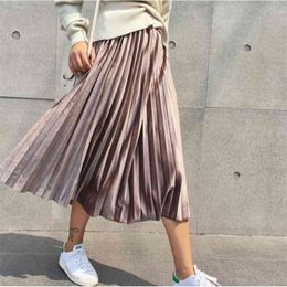 Danjeaner Spring Women Long Metallic Silver Maxi Pleated Skirt Midi High Waist Elascity Casual Party Vintage 210607