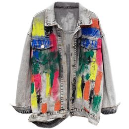 Women's Jackets Women Denim Jacket 2021 Autumn Long Sleeve Color Paint Graffiti Vintage Wash Jeans Streetwear Loose Coat H474