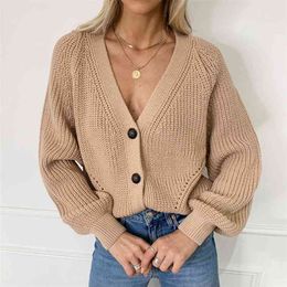 Zoki Women Knitted Cardigans Sweater Fashion Autumn Long Sleeve Loose Coat Casual Button Thick V Neck Solid Female Tops 210806