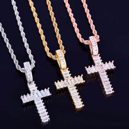 Mini Cross Pendant Necklace With Rope Chain Gold Silver A+++ Cubic Zircon Men's Women Hip hop Rock Jewelry