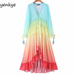 Summer Dress Women Gradient Multicolor Holiday Long Dress Romantic Lady Tassel Cuffs V Neck A-line Boho Beach Dress 210303