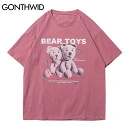 GONTHWID T-Shirts Streetwear Hip Hop Graffiti Bear Toys Tshirts Harajuku Fashion Short Sleeve Tees Shirts Men Casual Cotton Tops C0315