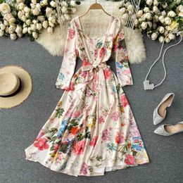 Women Fashion Vintage A-line Dress Square Collar Long-sleeved Flower Print Thin Clothing Vestidos R156 210527