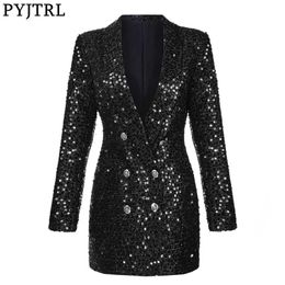 PYJTRL Fashion Women Shawl Lapel Shiny Sequins Suit Jacket Female Double-breasted Long Coat Slim Fit Blazers Autumn Clothes 211006