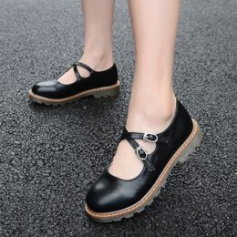 Lolita Shoes Double Buckle Mary Janes Shoe Platform Girls Shoes Black Women Casual Shoes White Flats Round Toe Brown 8822N