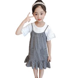 Clothes For Girls Tshirt + Plaid Dress Clothing Casual Style Kids Summer Children's Tracksuits 210527