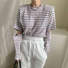 Colorfaith Women Spring Summer T-Shirt Striped Cutout Vintage Fashionable Minimalist Korean Style Wild Lady Tops T3279 210623