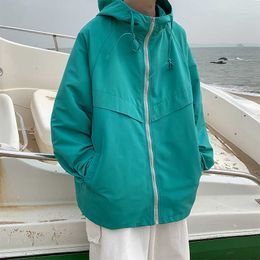 Spring Korean Fashion Jackets Men's Loose Windbreaker Hooded Zipper Jacket Coats Men's Casual Outwear Black Lake Green 210528