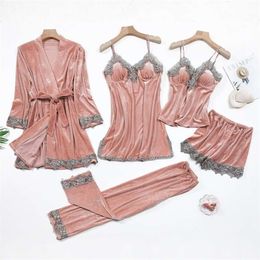 Sexy Lace Nightwear Pajamas Suit Intimate Lingerie Women Velour Sleep Set Kimono Robe Velvet Soft Homewear Sleepwear 210928