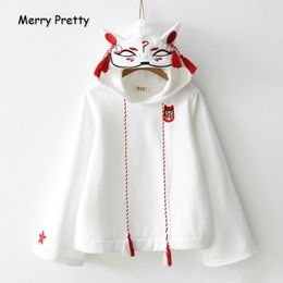 Merry Pretty Women Harajuku Embroidery Hooded Sweatshirts Long Sleeve Black White Drawstring Hoodies Sweet Girls' Pullovers 201201