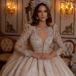 royal ball gown wedding dresses Canada - Vintage Champagne Wedding Dresses Lace Sequined Glitter Bridal Gowns Sheer Long Sleeve Luxury Ball Gown vestido de novia