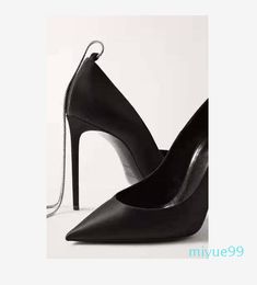 Classic black Chain embellished satin high heels fine high-heeled shoes metal cap female stiletto sexy ankle Chain band shoe Luxury