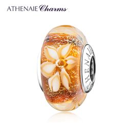 ATHENAIE 2019 New 925 Sterling Silver Golden Shimmer Jasmine Flower Murano Glass Charms Beads Fit Women Charms Bracelet & Bangle Q0531