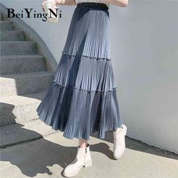 Beiyingni Pleated Skirt Women Vintage Casual Chiffon Shift Long High Waist Skirts Patchwork Midi Saia Black White Faldas 210621
