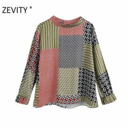 ZEVITY women vintage Colour matching cloth patchwork print casual smock blouse shirt women retro blusas business tops LS7193 210603