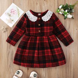 Fashion Baby Girls Clothes Dress Sping Autumn Children Outfits Red Plaid Lace Collar Long Sleeves And Waist Tuck Middle Child Dresses Girl Clothing