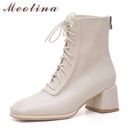 Meotina Ankle Boots High Heel Woman Boots Zip Block Heel Shoes Lace Up Square Toe Short Boots Female Autumn Winter Beige Black 210608