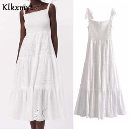 Klkxmyt Za Summer Dress Women Cutwork Embroidery White Slip Midi Dresses Woman Casual Tie Up Strap Ruffle Beach Vestidos 210527