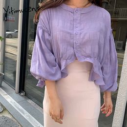 Yitimuceng Ruffles Blouse Women Oversized Shirts Korean Fashion Long Puff Sleeve Office Lady Purple Tops Spring Summer 210601