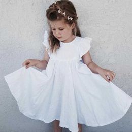 white girls dress kids girl summer clothes Linen Cotton dresses ruffle sleeve A-line 2019 baby costume casual o-neck Q0716