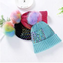 DHL Winter Beanie Hats Women Colourful Pompom Caps Sequined Knit Hairball Warm Cap Outdoor Fashion Windproof Beanies With Beads