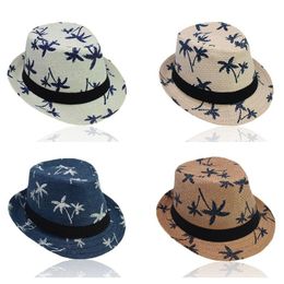 Stingy Brim Hats Adult Kids Summer Straw Weave Sun Hat Parent-Child Tropical Coconut Tree Printed Short Curly Retro Jazz Bucket Cap Wide