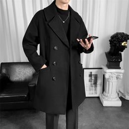 Hybskr Autumn Winter Men Woollen Overcoat Korean Style Solid Colour Long Thicken Jackets Fashion Male Casual Windbreaker 211122