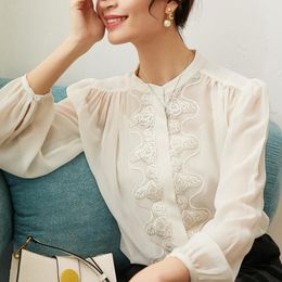 Women's Blouses & Shirts White Chiffon Black Top Embroidered Silk Shirt Women Spring And Summer 2021 Loose