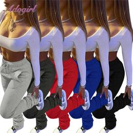 Stacked Pants Women Solid High Waist Drawstring Bell Bottom Flare Pleated Pants Casual Active Leggings Thick Sweatpants Trousers X0629