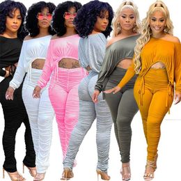 Solid Ruched Drawstring 2 Piece Set for Women Otufits One Shoulder Long Sleeve Crop Top and Stacked Skinny Pant Loungewear Suit 211105