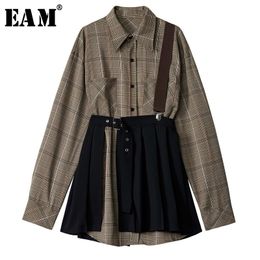 [EAM] Women Plaid Pleated Split Two Piece Dress New Lapel Long Sleeve Loose Fit Fashion Tide Spring Autumn 2021 1D7110 210316