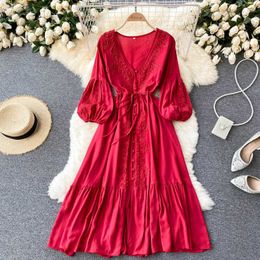 Red/White Embroidered Dress Women Spring Autumn Elegant V-Neck Single Breasted High Waist Slim Puff Long Sleeve Vestido 2021 New Y0603