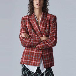 Za Plaid Double Breasted Red Blazer Women Long Sleeve Loose Vintage Check Blazers Coat Woman Chic Autumn Winter Outwear Top 210602